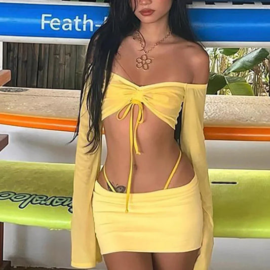 Levoire | Y2K 2 Pièces Crop Top À Manches Longues Et Jupe Micro Co Ord Set