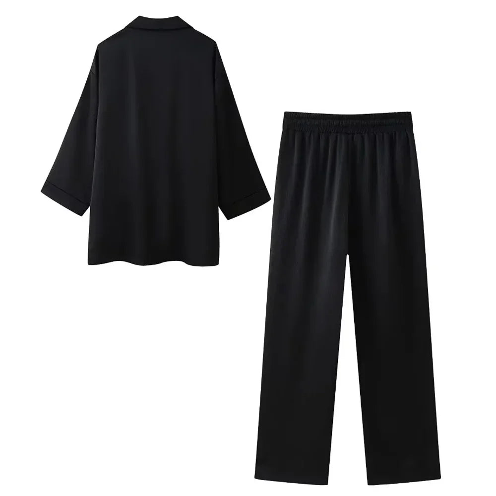Levoire | Blouse Élégante En Soie Douce À Double Boutonnage Et Ensemble De Pantalon Ample
