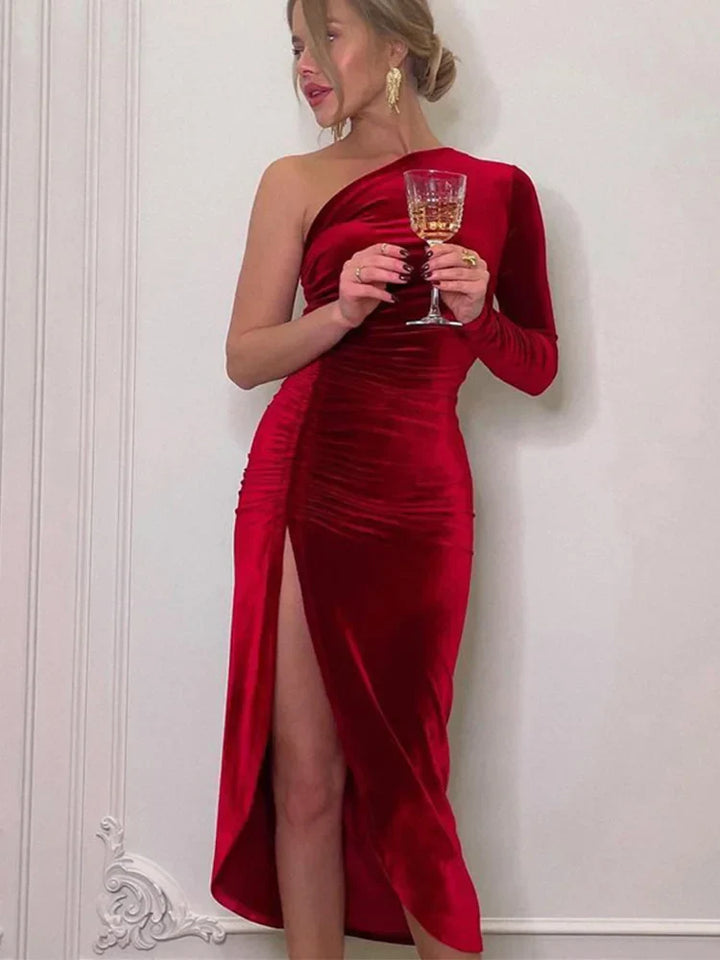 Levoire | Robe Midi Elégante En Velours Avec Fente Rouge