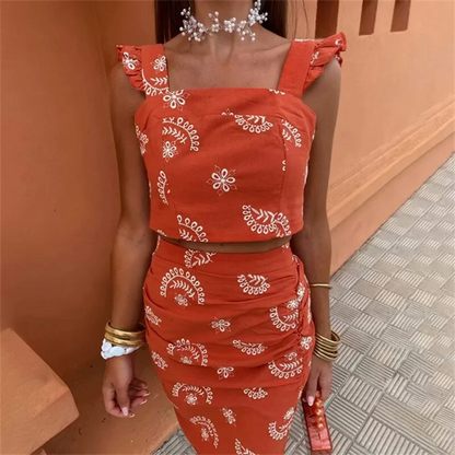 Levoire | Femmes Haut Sans Manches À Volants Et Ensemble Jupe