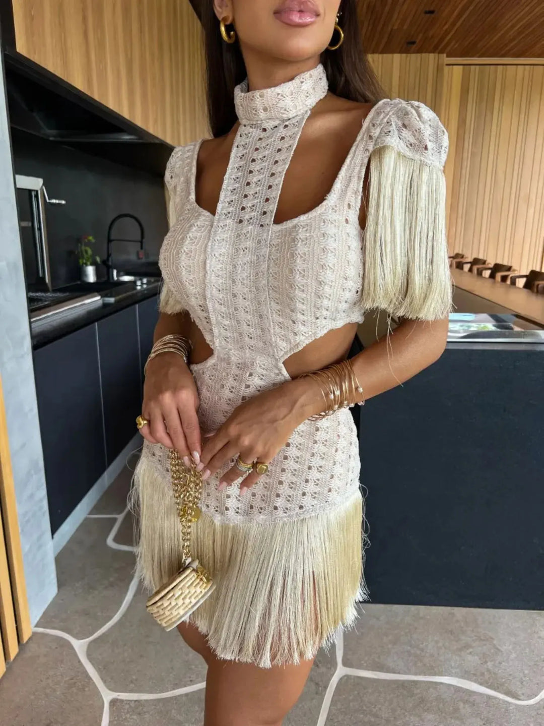 Levoire | Robe Mini/Longue À Col Cheminée Tricotée Frangée