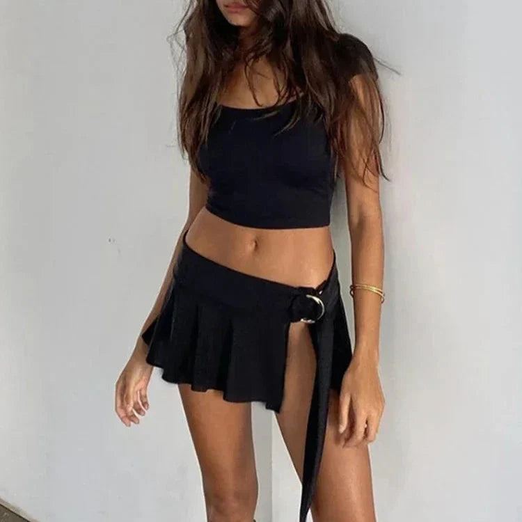Levoire | Y2K Top Court Noir À Découpe Dans Le Dos Jupe Mini Fendue Ensemble Deux Pièces