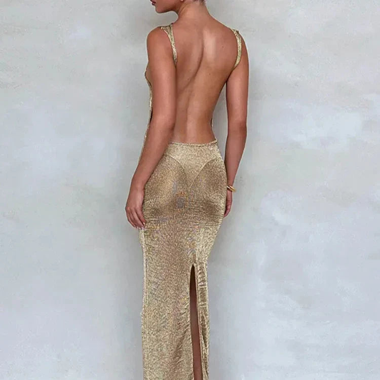 Levoire | Élégant Robe Maxi Dos Nu Paillettes Dorées