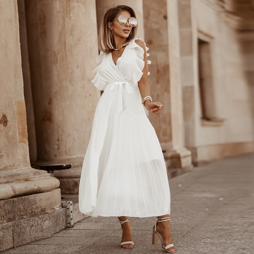 Levoire | Robe Été Sans Manches V-Cou Maxi Plissée Ceinture
