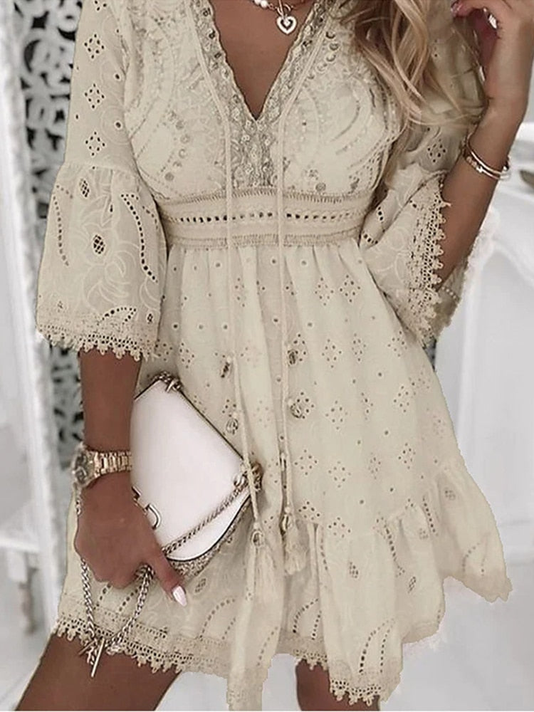 Levoire | Boho Ibiza Robe D'Été Courte Légère & Élégante Beige