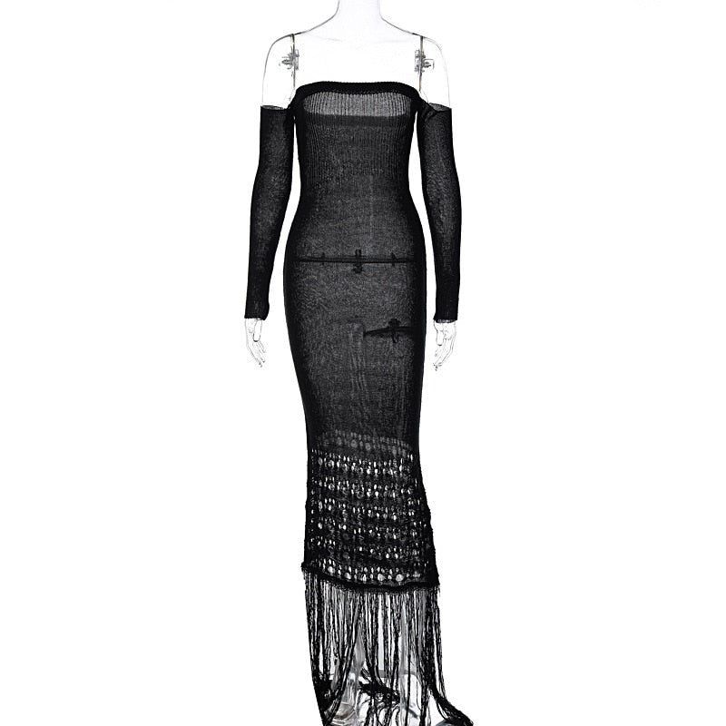 Levoire | Robe Maxi Dénudée À Franges En Tricot À Manches Longues