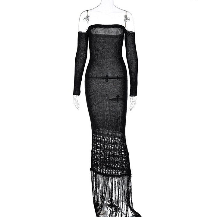 Levoire | Robe Maxi Dénudée À Franges En Tricot À Manches Longues