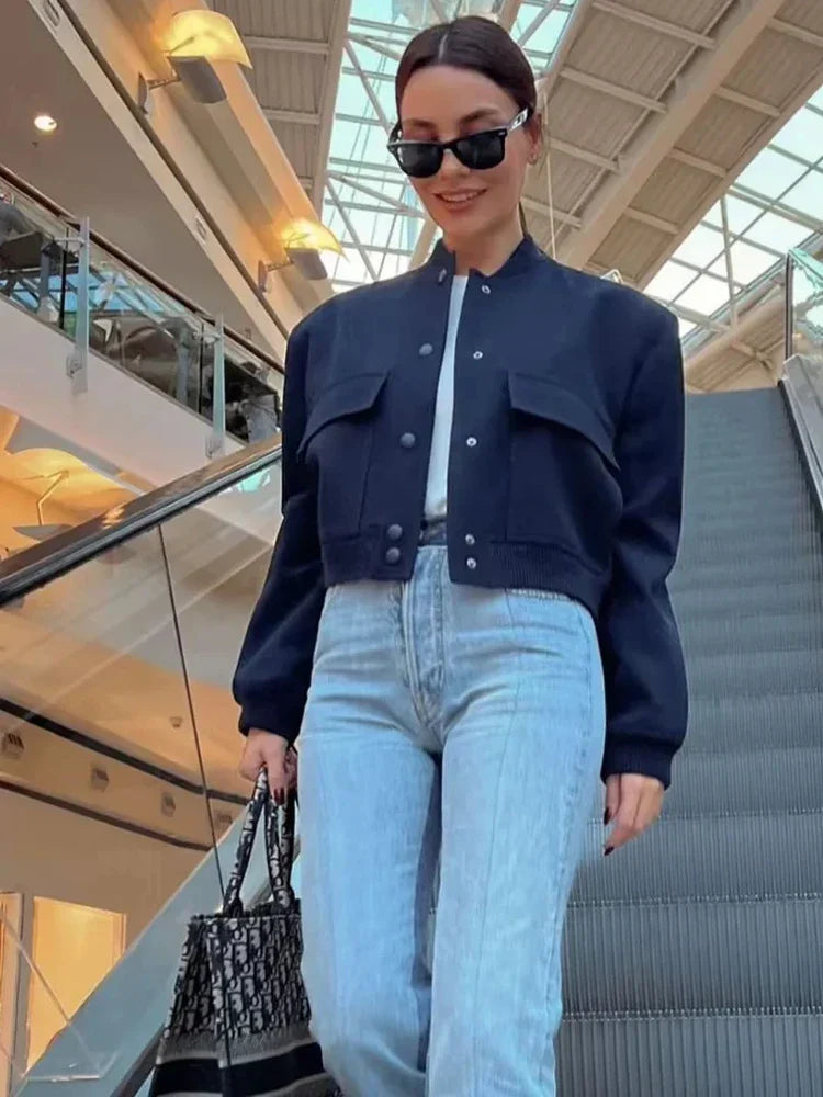 Levoire | Veste Bomber Avec Fermeture À Boutons Pour Femmes Bleu