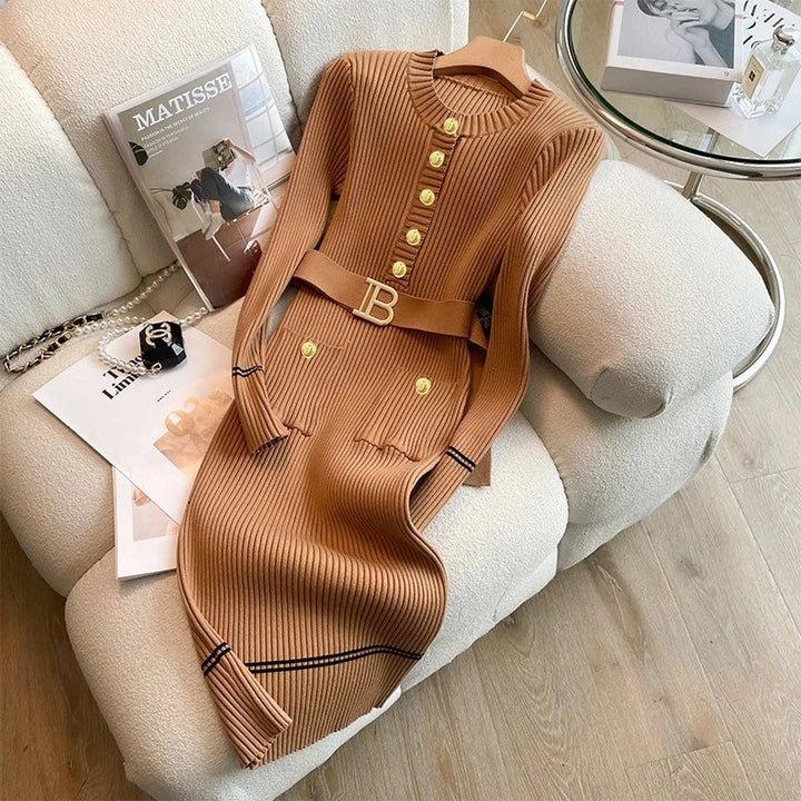 Levoire | Robe Tricotée Avec Ceinture Et Boutons Khaki Taille Unique