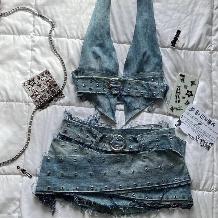 Levoire | Style Vintage En Denim Deux Pièces À Boucles, Top Croisé Co-Ord Deux pièces jeans