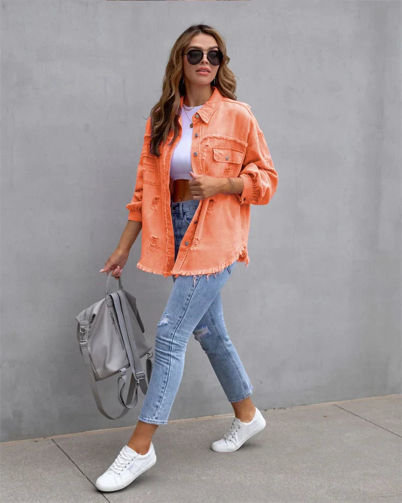 Levoire | Veste En Jean Avec Bords Bruts, Printemps, Rose, Orange, Violet