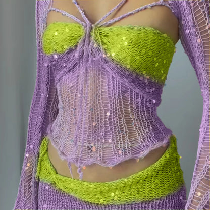 Levoire | Top Crop Tricot À Paillettes En Crochet Et Mini Jupe Co Ord Set