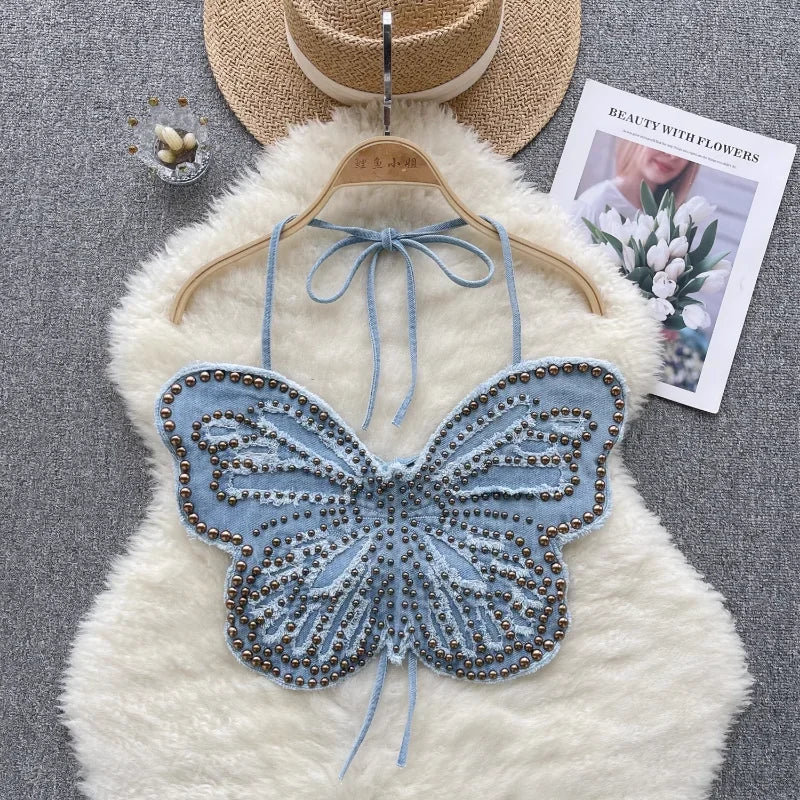 Levoire | Top Court Vintage En Denim Y2K Avec Papillon