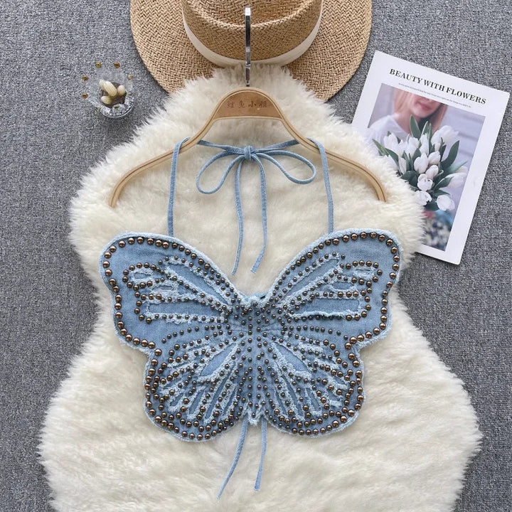 Levoire | Top Court Vintage En Denim Y2K Avec Papillon