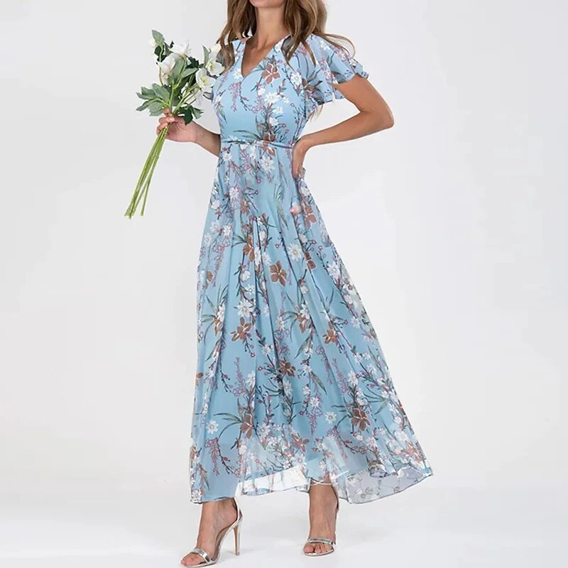 Levoire | Robe D'Été Longue Avec Motif Floral Bleu