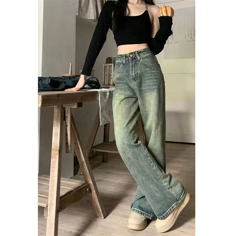 Levoire | Jean Taille Haute Décontractée Et Large Vin Vintage Avec Jambes Larges Pour Femmes