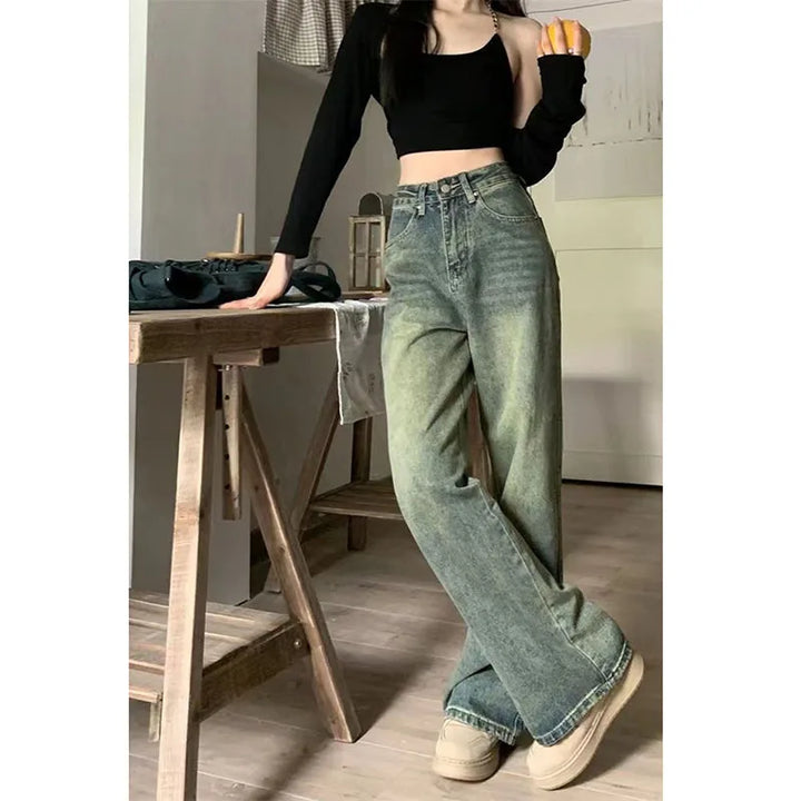 Levoire | Jean Taille Haute Décontractée Et Large Vin Vintage Avec Jambes Larges Pour Femmes