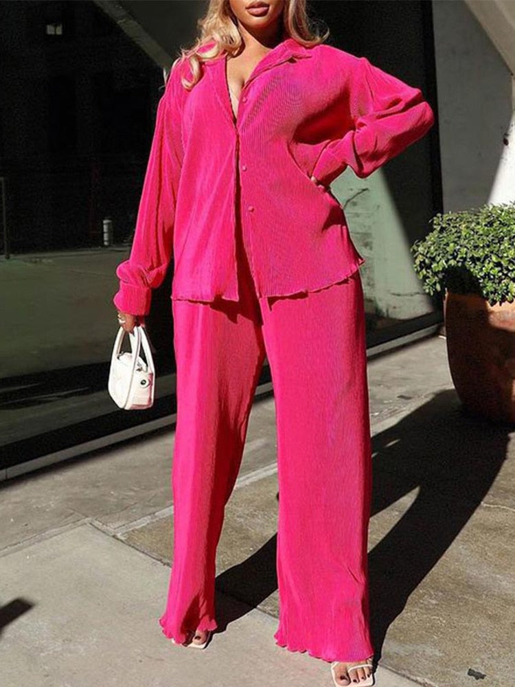 Levoire | Chemisier À Manches Longues Et Pantalon Large - Ensemble Élégant À Deux Pièces Pour Femmes Rosa