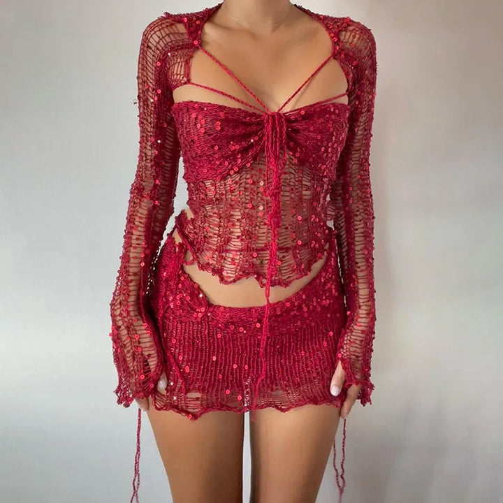 Levoire | Top Court À Manches Longues En Crochet Pailleté Et Jupe Moulante Mini Ensemble À Deux Pièces Rot