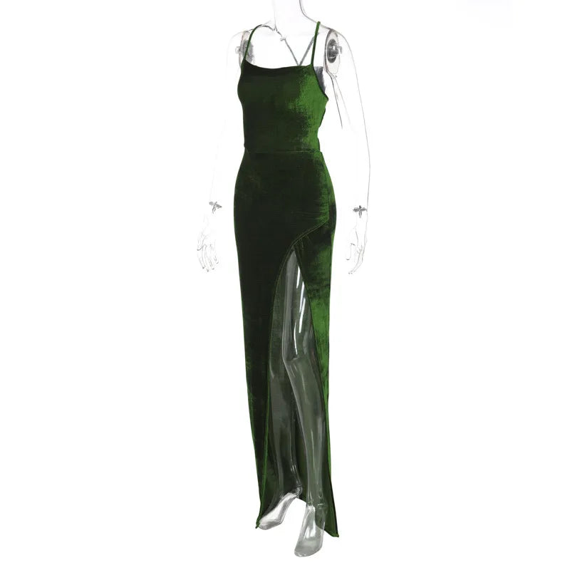 Levoire | Robe Maxi En Velours Vert Avec Cordon Au Dos