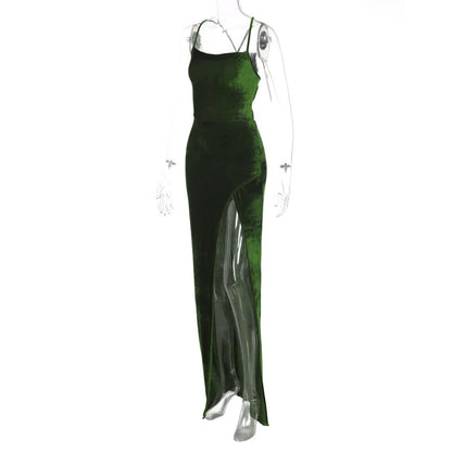 Levoire | Robe Maxi En Velours Vert Avec Cordon Au Dos