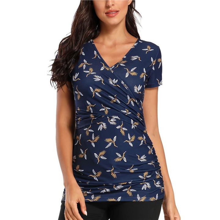 Levoire | T-Shirt Facile À Allaiter Grâce Aux Ouvertures Au Niveau De La Poitrine Bleu avec des oiseaux à manches courtes
