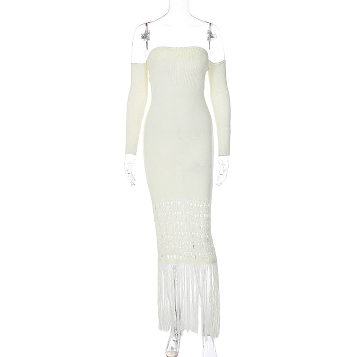 Levoire | Robe Maxi Dénudée À Franges En Tricot À Manches Longues