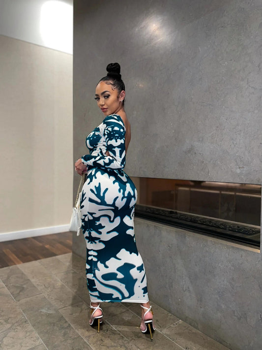 Levoire | Imprimé De Feuille Robe Maxi À Manches Longues Col O