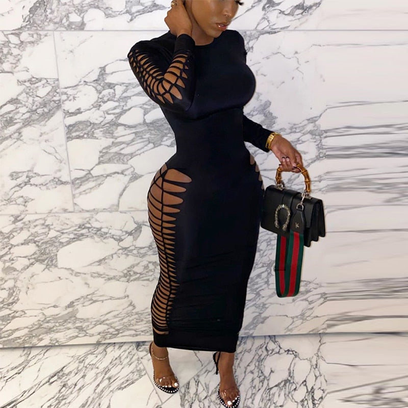 Levoire | Robe Maxi Bodysuit À Manches Longues Avec Longueur Sur Le Côté Noir