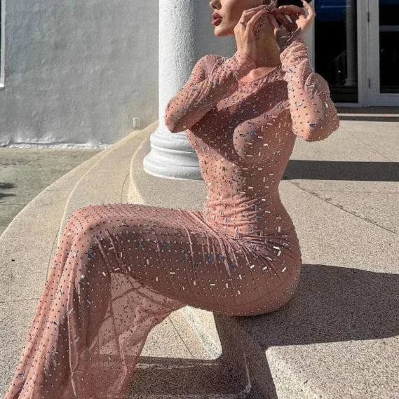 Levoire | Robe Maxi En Maille Transparente Avec Fente Et Strass Scintillants À Manches Longues Pour Une Occasion Spéciale