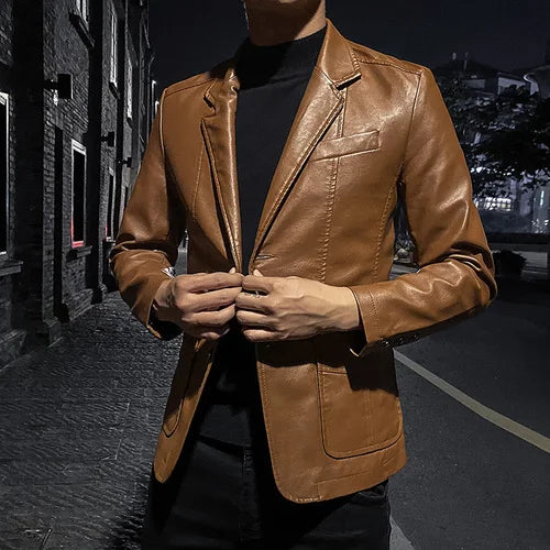 Levoire | Blazer En Cuir Classique Pour Hommes Khaki
