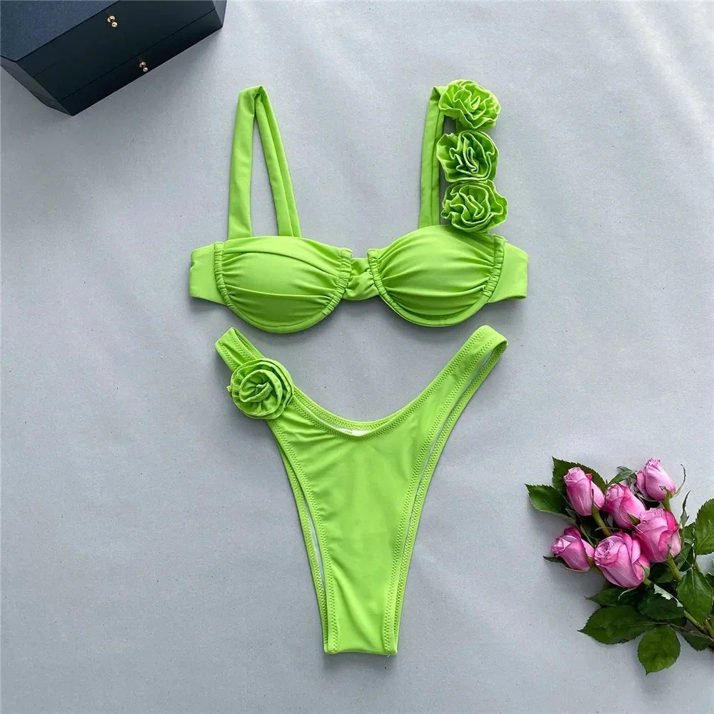 Levoire | Maillot De Bain Deux Pièces Avec Motif De Roses Élégant Vert
