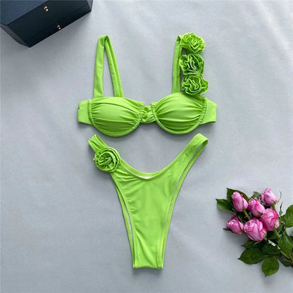 Levoire | Maillot De Bain Deux Pièces Avec Motif De Roses Élégant Vert