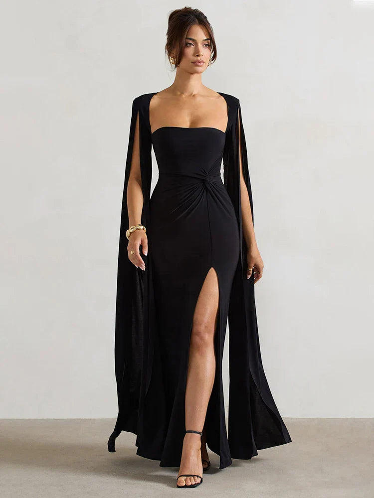 Levoire | Robe Longue À Manches Cape Avec Fente noir