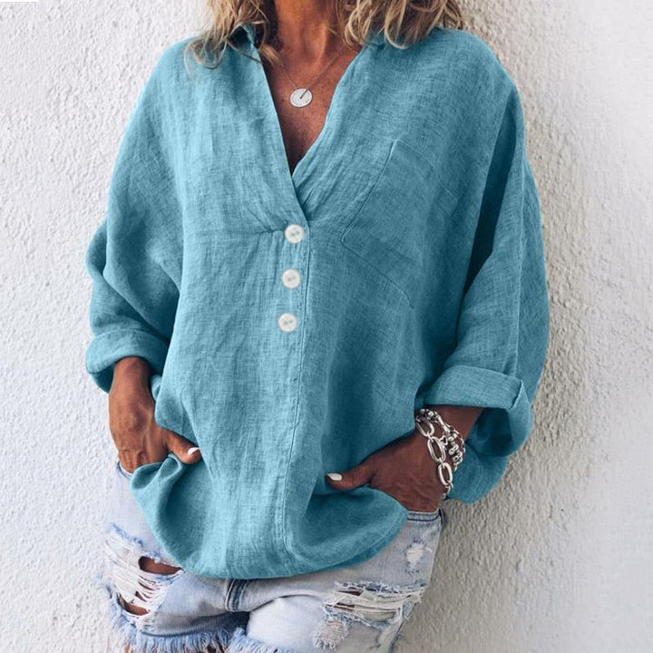 Levoire | Blouse En Lin Confortable Avec Détail De Bouton Pour Femmes Bleu