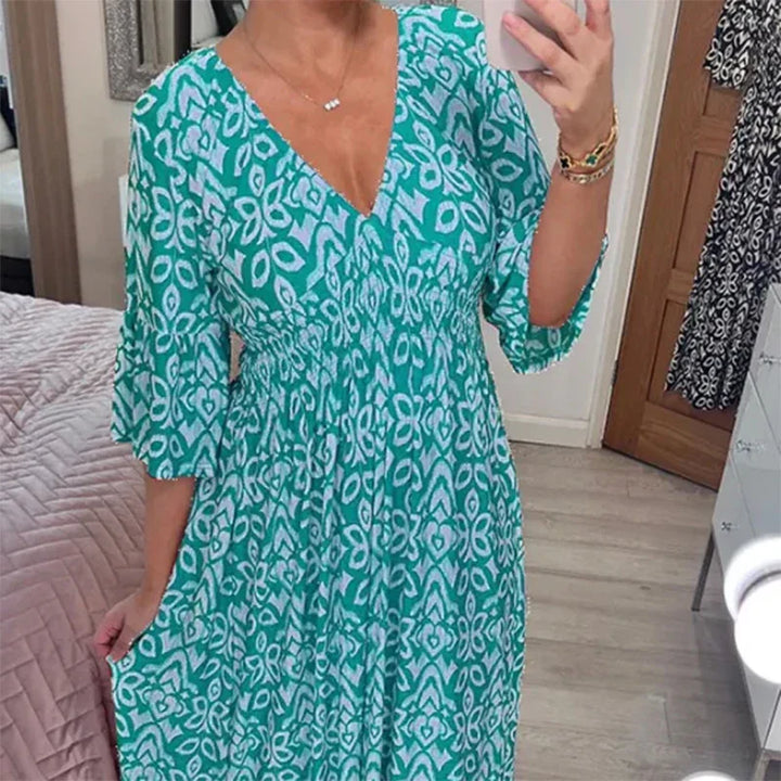Levoire | Robe Boho Décontractée À Décolleté En V Et Manches Mi-Longues Bleu