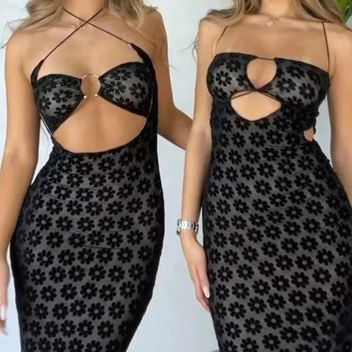 Levoire | Robe Maxi À Bretelles Spaghetti Motif Noir