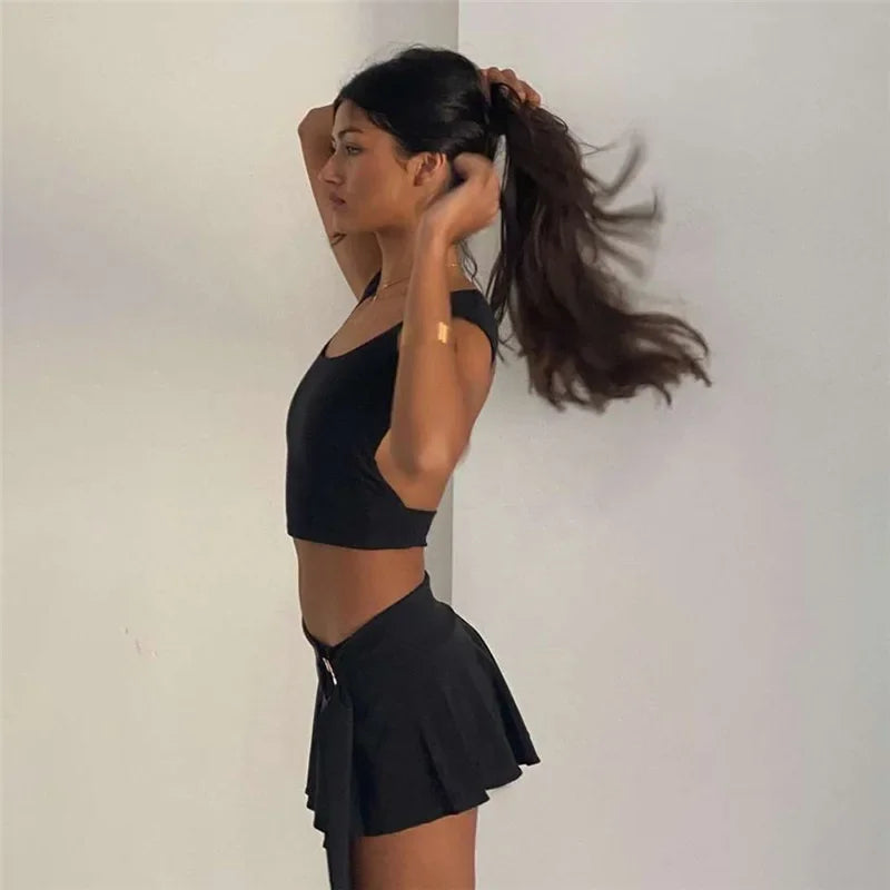 Levoire | Y2K Top Court Noir À Découpe Dans Le Dos Jupe Mini Fendue Ensemble Deux Pièces