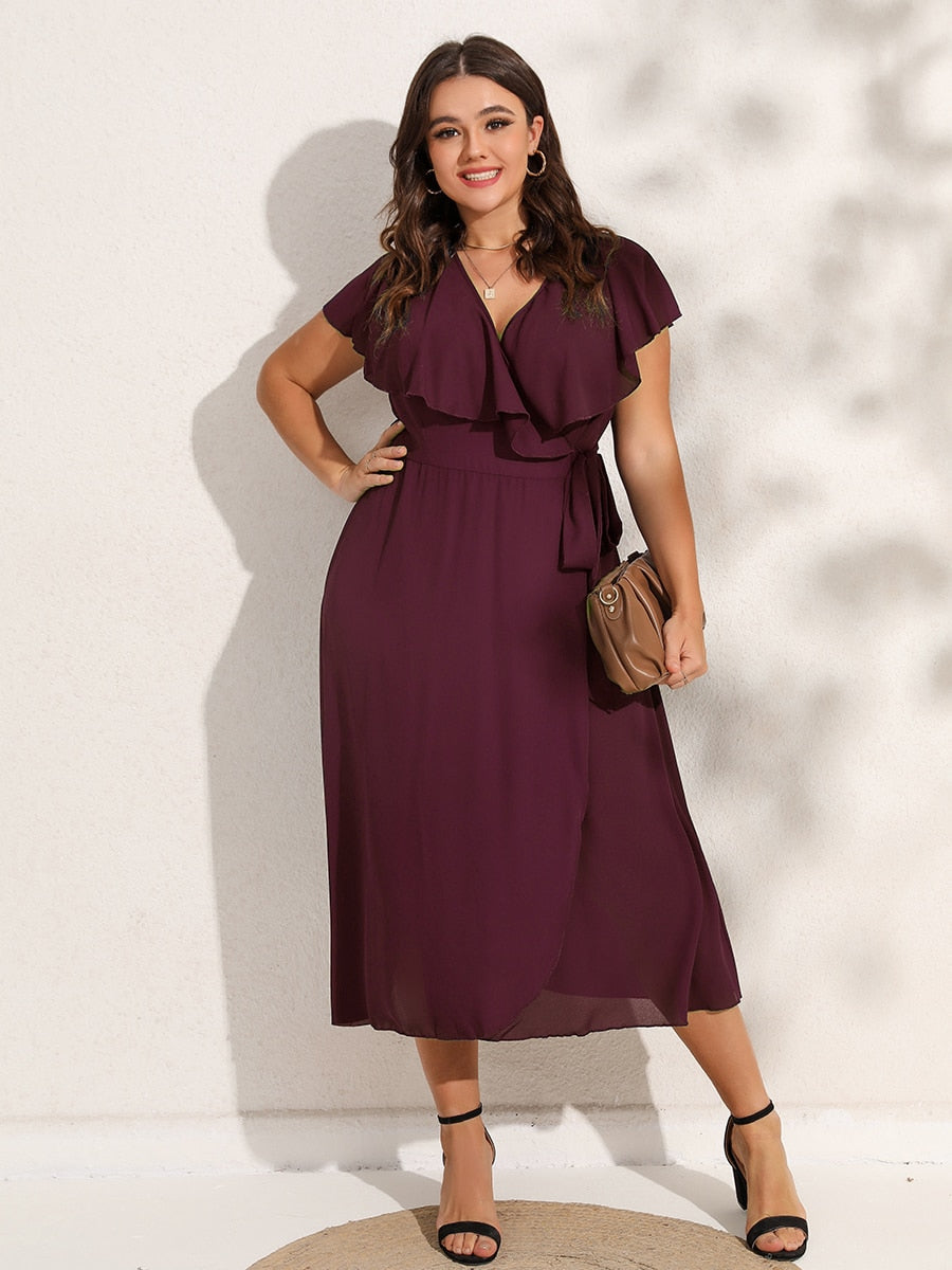 Levoire | Robe Enroulée À Manches Courtes Et Décolleté En V (Taille Plus) Bordeaux