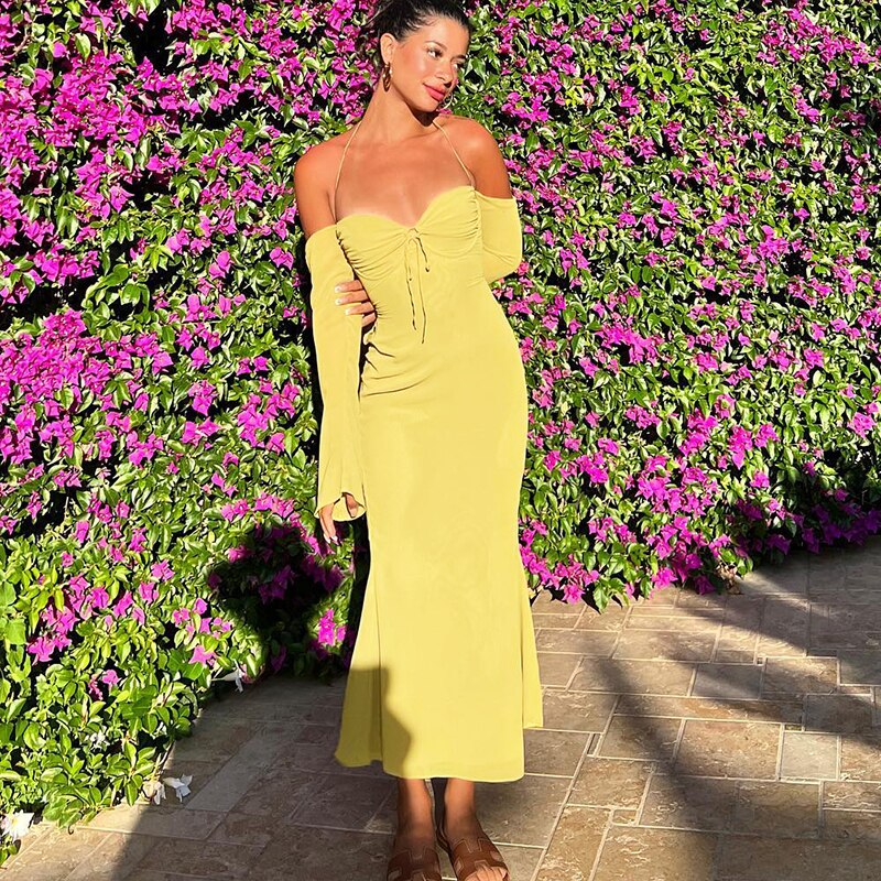 Levoire | Robes Midi Longues À Épaules Dénudées À Halter Jaune