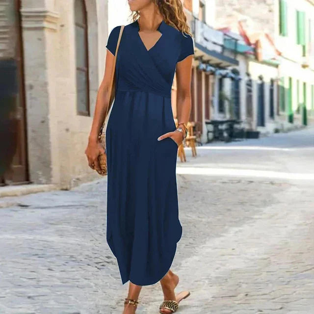 Levoire | Belle Robe Maxi Avec Manches Courtes Bleu marine