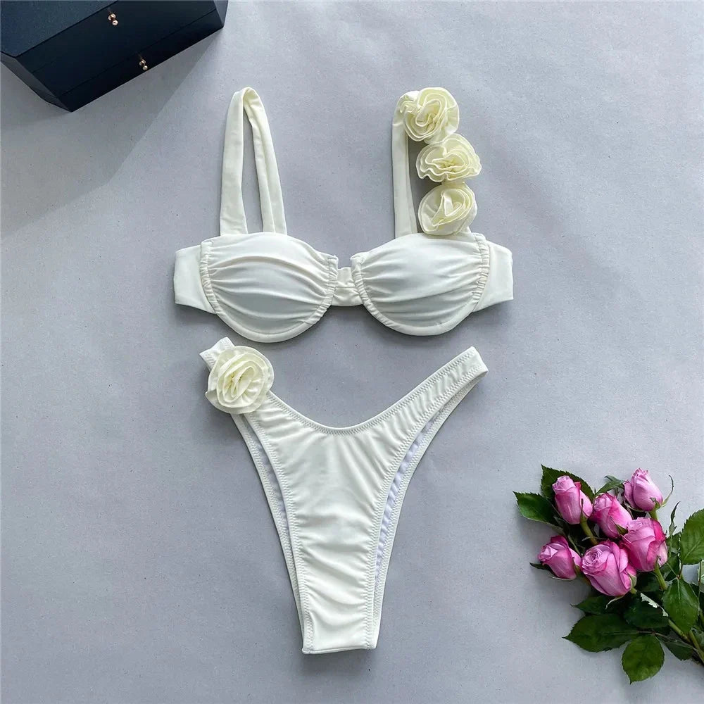 Levoire | Maillot De Bain Deux Pièces Avec Motif De Roses Élégant Couleur crème