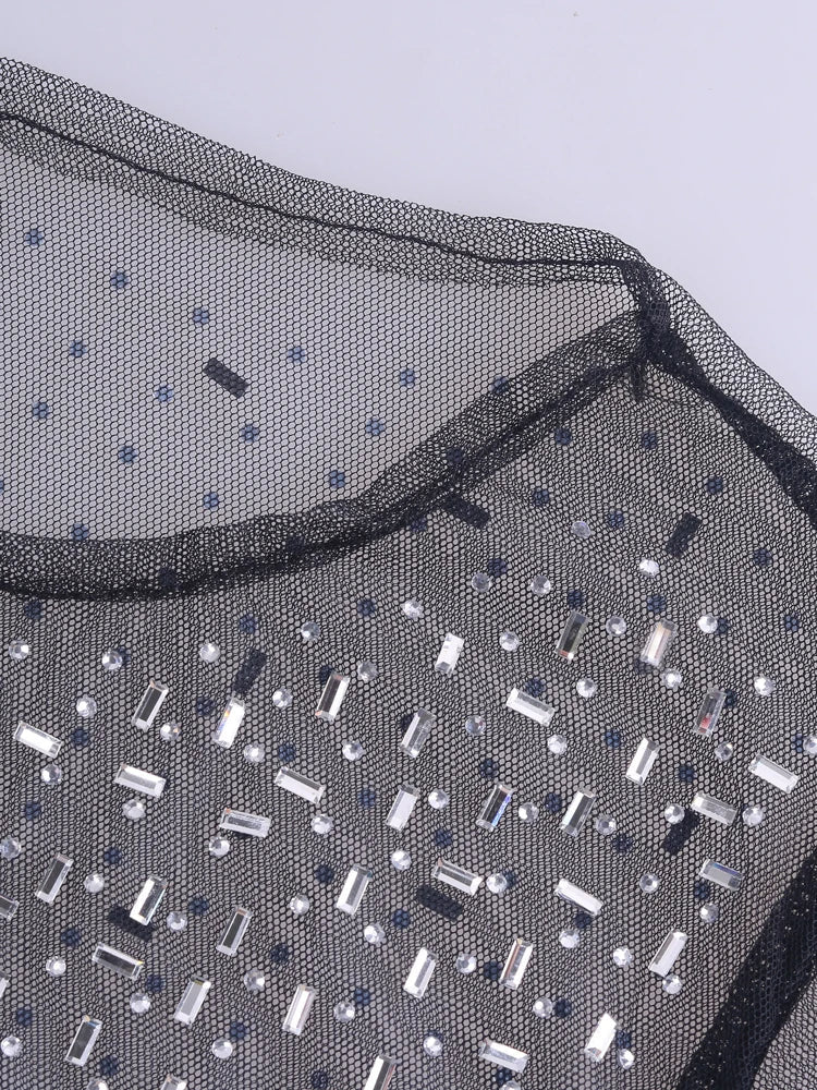 Levoire | Robe Maxi À Manches Longues En Maille Transparente Avec Fente Et Strass