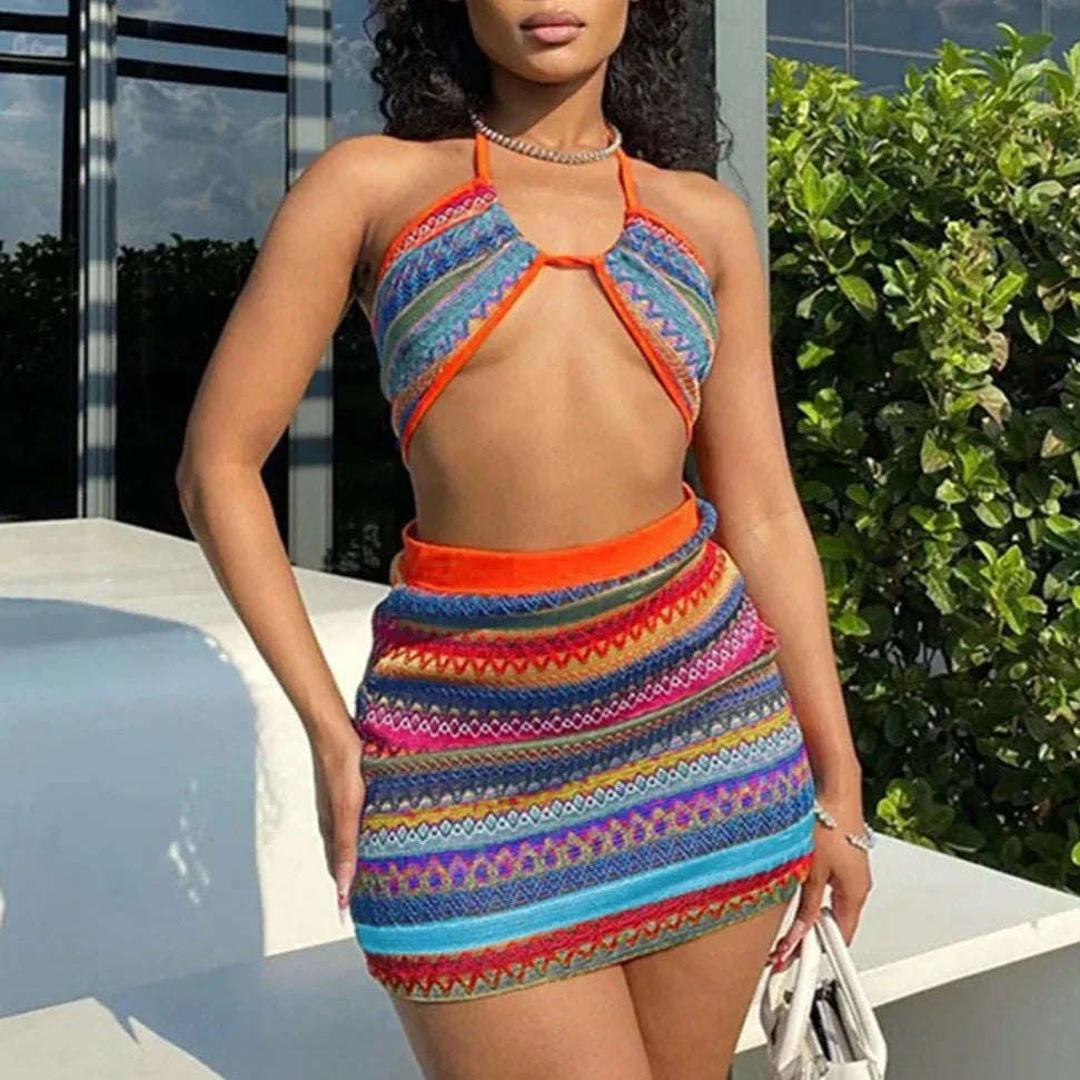 Levoire | Haut En Crochet Tricot Rayé Et Ensemble De Mini-Jupe