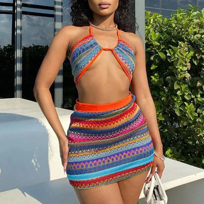 Levoire | Haut En Crochet Tricot Rayé Et Ensemble De Mini-Jupe