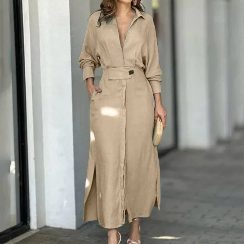 Levoire | Robe Élégante À Manches Longues Pour Femmes Avec Fente Latérale Abricot