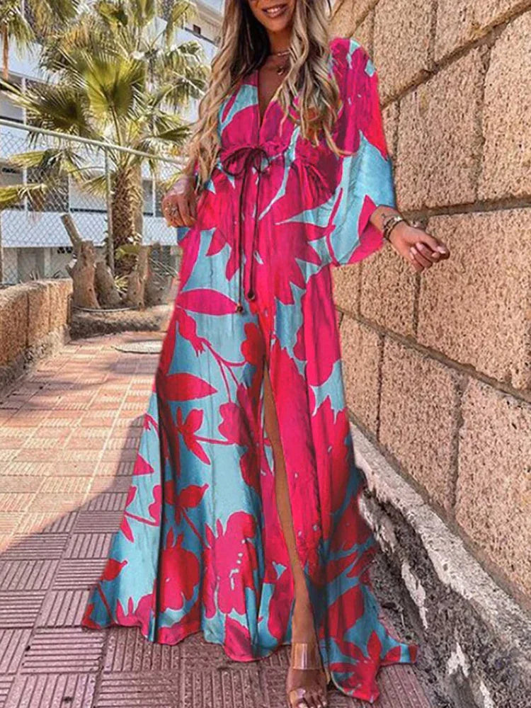 Levoire | Maxi Dress V-Neck Button Closure Waist Pads Abstract Print Flowing Stylish Cut Rose-Bleue