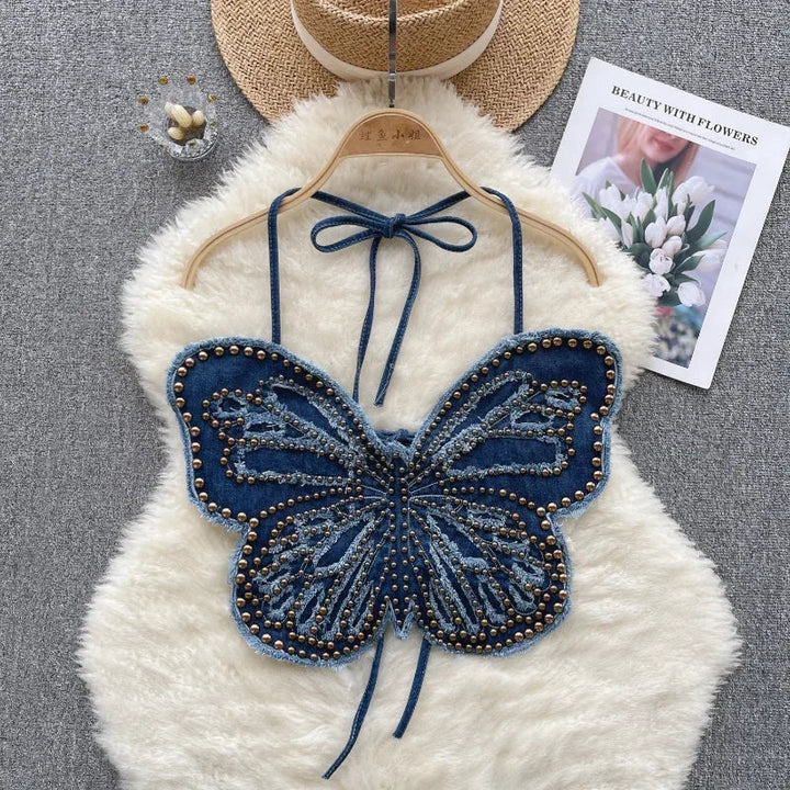 Levoire | Top Court Vintage En Denim Y2K Avec Papillon