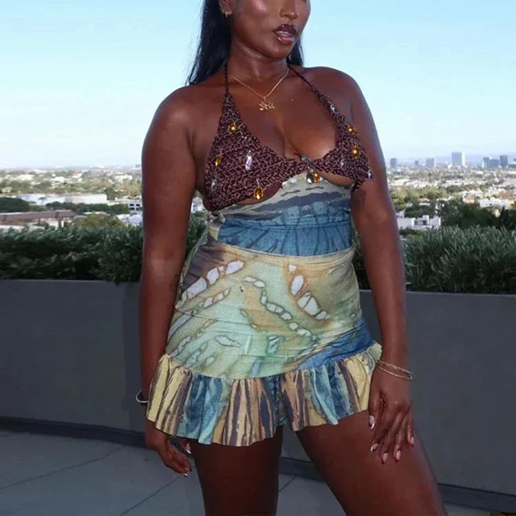 Levoire | Multi Patchwork Print Crochet Batik Volant Crop Top Mini Jupe Ensemble