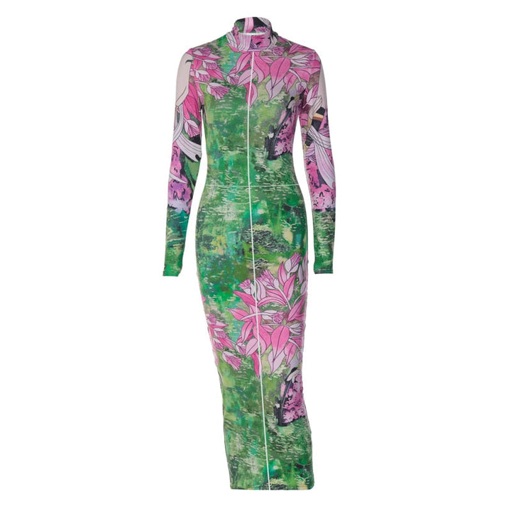 Levoire | Robe Midi Bodycon Imprimée À Fleurs À Manches Longues